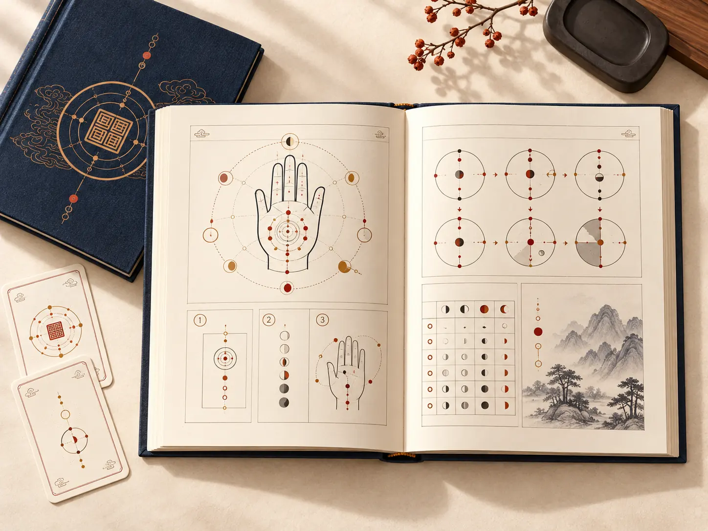 Open Xiao Liuren lesson spread with a hand diagram, six-position sequence, lunar reference grid, and numbered steps